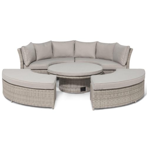 Garden Curved Sofa Set - Rising Table - Grey Cushions - Grey Round Poly Weave