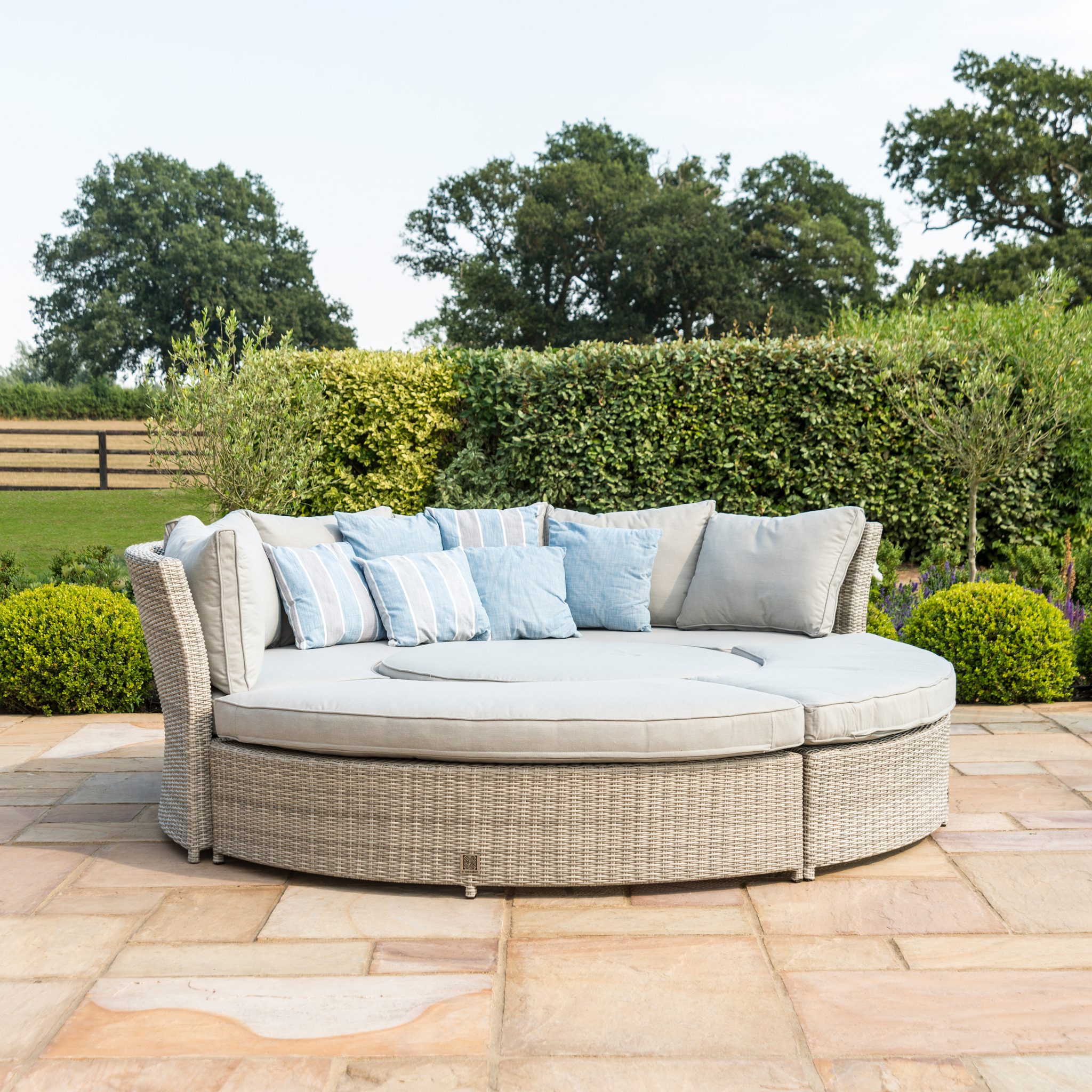 Garden Curved Sofa Set - Rising Table - Grey Cushions - Grey Weave