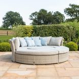 Garden Curved Sofa Set - Rising Table - Grey Cushions - Grey Round Poly Weave