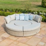 Garden Curved Sofa Set - Rising Table - Grey Cushions - Grey Round Poly Weave