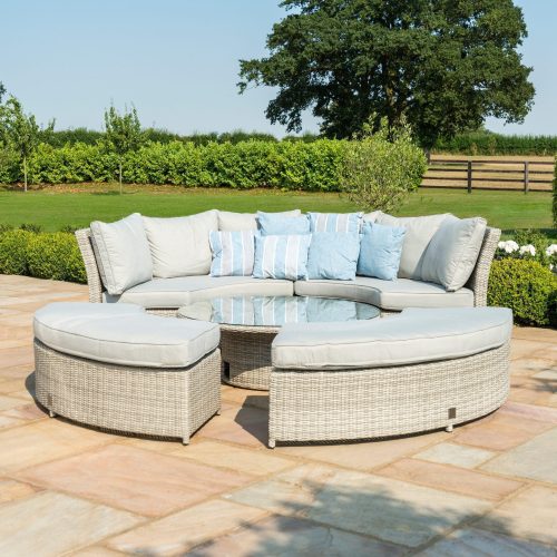 Garden Curved Sofa Set - Rising Table - Grey Cushions - Grey Round Poly Weave