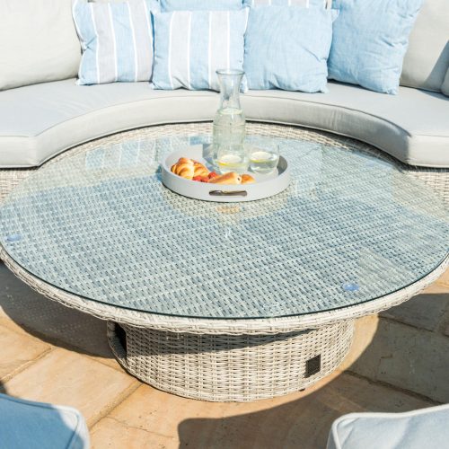 Garden Curved Sofa Set - Rising Table - Grey Cushions - Grey Round Poly Weave