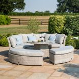 Garden Curved Sofa Set - Rising Table - Grey Cushions - Grey Round Poly Weave