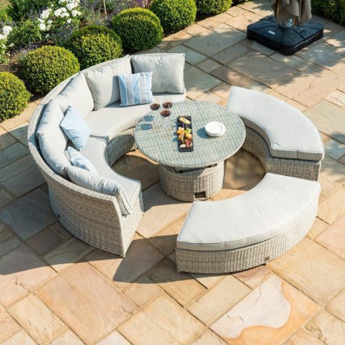 Garden Curved Sofa Set - Rising Table - Grey Cushions - Grey Round Poly Weave