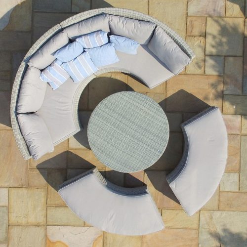 Garden Curved Sofa Set - Rising Table - Grey Cushions - Grey Round Poly Weave