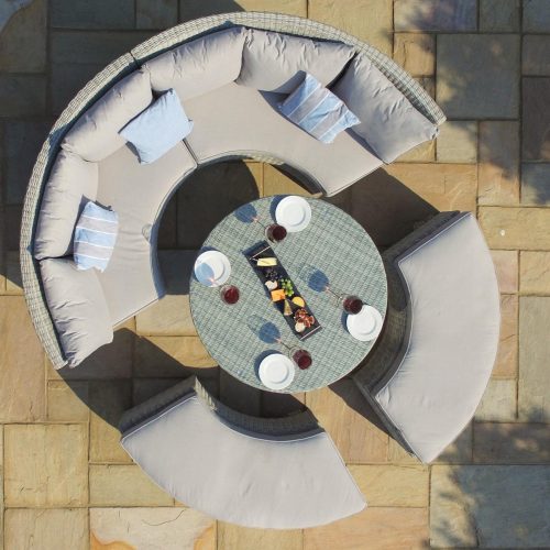 Garden Curved Sofa Set - Rising Table - Grey Cushions - Grey Round Poly Weave