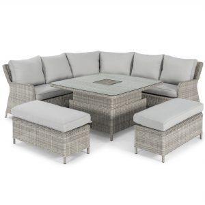 Corner Garden Dining Sofa Set - Square Dining Table - Ice Bucket - Grey Poly Rattan
