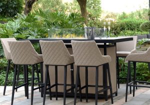 8 Seat Rectangular Fire Pit Garden Bar Dining Set - All Weather Taupe Fabric