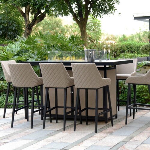 8 Seat Rectangular Fire Pit Garden Bar Dining Set - All Weather Taupe Fabric