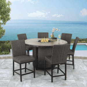 6 Seat Round Fire Pit Garden Bar Dining Set - All Weather Grey Fabric