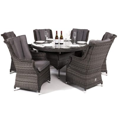 6 Seat Round Garden Table Set – Umbrella & Base – Grey Polyrattan