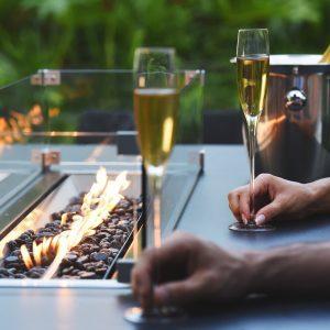8 Seat Rectangular Fire Pit Garden Bar Dining Set - All Weather Charcoal Fabric