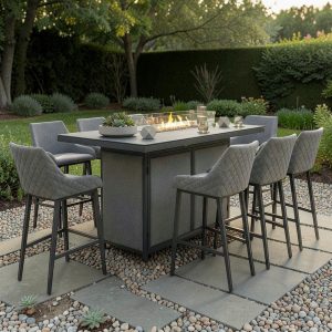 8 Seat Rectangular Fire Pit Garden Bar Dining Set - All Weather Zinc Fabric