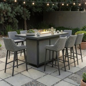 8 Seat Rectangular Fire Pit Garden Bar Dining Set - All Weather Zinc Fabric