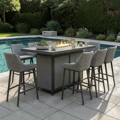 8 Seat Rectangular Fire Pit Garden Bar Dining Set - All Weather Zinc Fabric