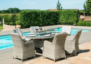6 Seat Oval Fire Pit Garden Dining Set - Grey Polyweave - Venice Chairs