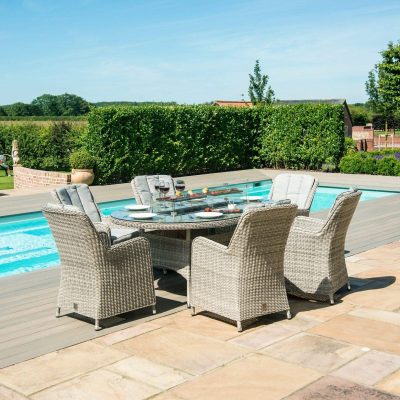 6 Seat Oval Fire Pit Garden Dining Set - Grey Polyweave - Venice Chairs