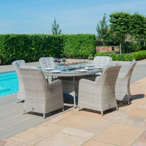6 Seat Oval Fire Pit Garden Dining Set - Grey Polyweave - Venice Chairs