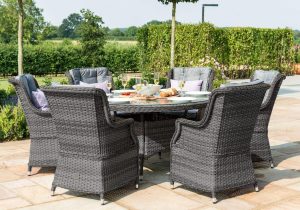 6 Seat Round Garden Table Set - Umbrella & Base - Grey Polyrattan