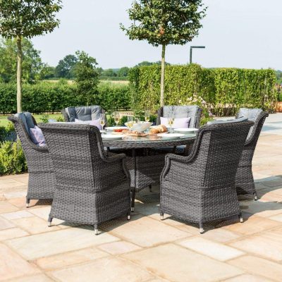 6 Seat Round Garden Table Set - Umbrella & Base - Grey Polyrattan