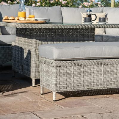 Garden U Shaped Sofa Set – Rising Dining/Coffee Table – Grey Poly Weave