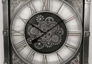 Wall Clock - Glass Fronted - Moving Cogs - Skeleton Design - Pewter