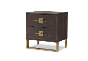 Bedside Cabinet - Brown Ash & Polished Brass Finish - 2 Drawer