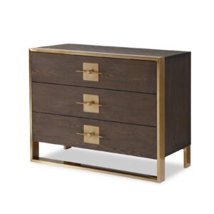 Chest Of Drawers - Brown Ash & Polished Brass Finish - 3 Drawer