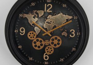 Wall Clock - Glass Fronted - Moving Cogs - World Design - Black & Gold