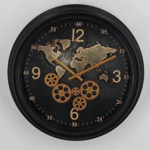 Wall Clock - Glass Fronted - Moving Cogs - World Design - Black & Gold