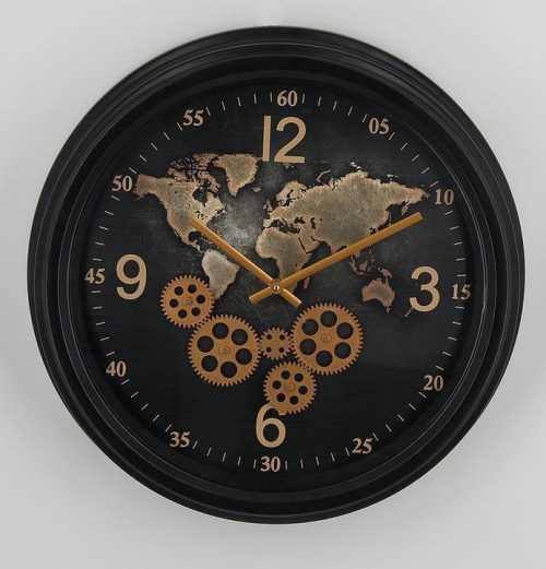 Wall Clock - Glass Fronted - Moving Cogs - World Design - Black & Gold