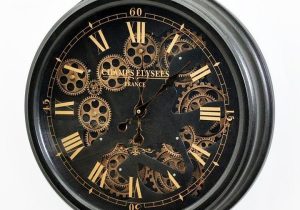 Wall Clock - Glass Fronted - Moving Cogs - Black & Gold Finish