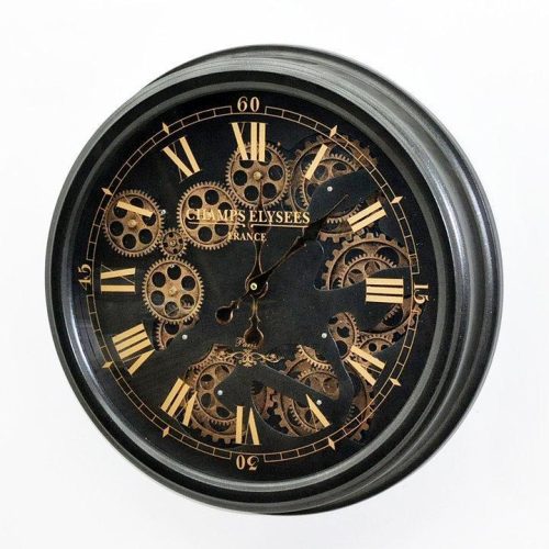 Wall Clock - Glass Fronted - Moving Cogs - Black & Gold Finish