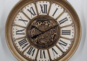 Wall Clock - Moving Cogs - Roman Numerals - Gold Finish - LARGE