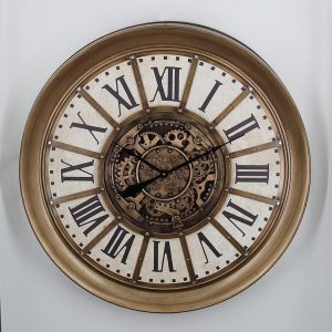 Wall Clock - Moving Cogs - Roman Numerals - Gold Finish - LARGE