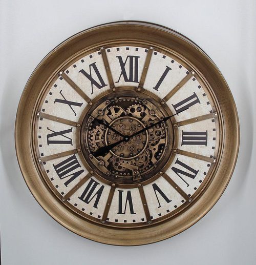 Wall Clock - Moving Cogs - Roman Numerals - Gold Finish - LARGE