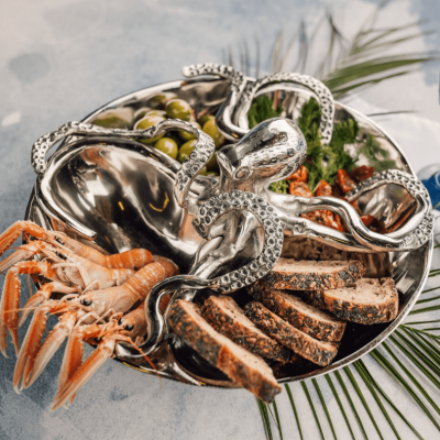 Octopus Serving Tray - Hammered Chrome Metal - 4 Section Tray