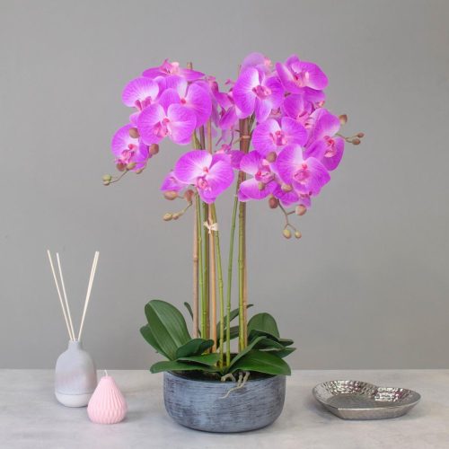 Orchid Flower Display - Pink Orchids & Moss - Stone Effect Planter - 70cm