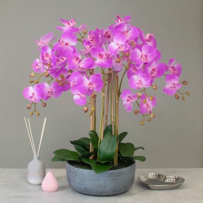 Orchid Flower Display - Pink Orchids & Moss - Stone Effect Planter - 68cm