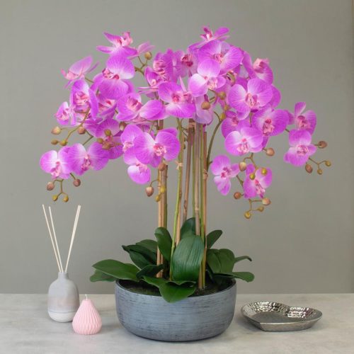 Orchid Flower Display - Pink Orchids & Moss - Stone Effect Planter - 68cm