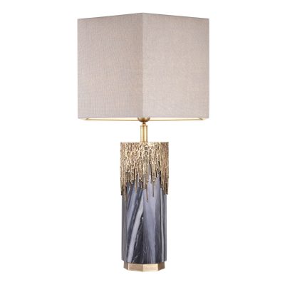 Table Lamp - Vintage Brass & Marble Design Base - Hexagonal Linen Shade
