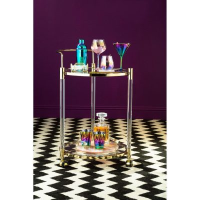 Drinks/Bar Trolley – 2 Tier Design – Brass/Acrylic Surround & Clear Glass