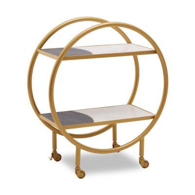 Drinks/Bar Trolley - 2 Tier Design - Brass Surround & Marble Shelf Finish