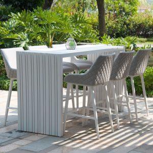 6 Seat Metal Rectangular Garden Bar Dining Set - All Weather Led Chine Light Grey Fabric