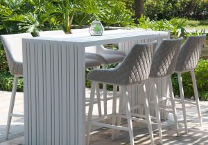 6 Seat Metal Rectangular Garden Bar Dining Set - All Weather Led Chine Light Grey Fabric