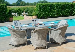 6 Seat Oval Garden Dining Set - Inset Fire Pit - Heritage Chairs - Grey Polyrattan