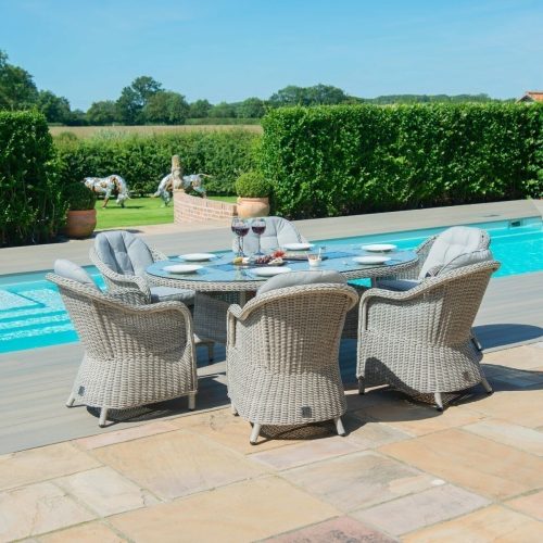 6 Seat Oval Garden Dining Set - Inset Fire Pit - Heritage Chairs - Grey Polyrattan