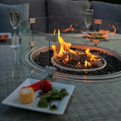 Royal Fire Pit Garden Sofa Set – U Shaped Design – Grey Poly Weave