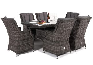Oblong Garden Dining Set - 6 High Back Chairs - Grey Cushions - Grey Poly Weave