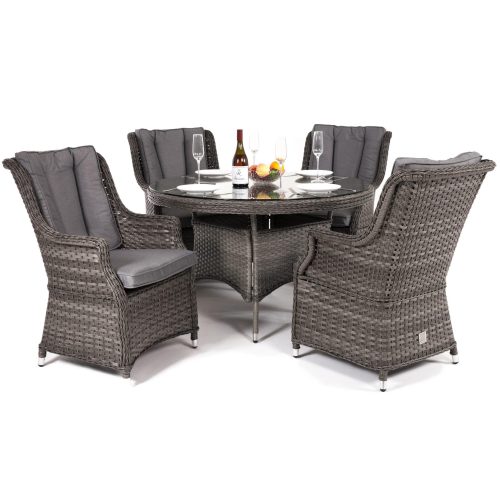 Round Garden Dining Set – 4 High Back Chairs – Grey Cushions – Grey Poly Weave
